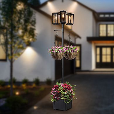 C Cattleya 77.5-Inch 3-Light Black Complete Post Light with Planter and Clear Tempered Glass