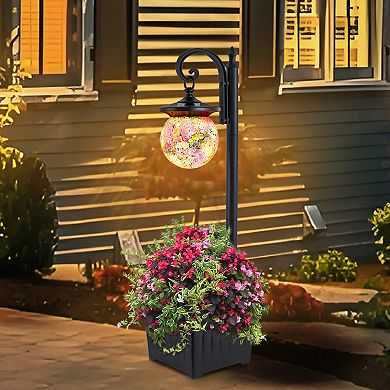 C Cattleya Solar Outdoor Post Light with Planter and Mosaic Glass Shade