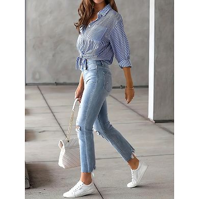 Women's Striped Button Down Shirt - Long Sleeve Collared Blouse with Chest Pocket
