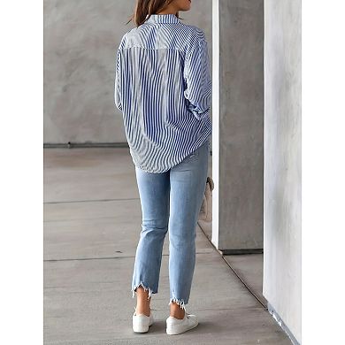 Women's Striped Button Down Shirt - Long Sleeve Collared Blouse with Chest Pocket