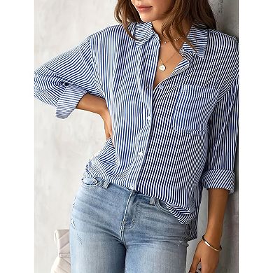Women's Striped Button Down Shirt - Long Sleeve Collared Blouse with Chest Pocket