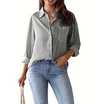 Women's Striped Button Down Shirt - Long Sleeve Collared Blouse with Chest Pocket