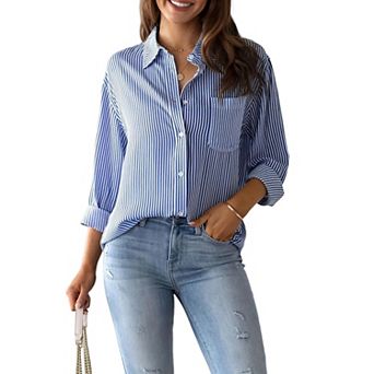 Women's Striped Button Down Shirt - Long Sleeve Collared Blouse with Chest Pocket
