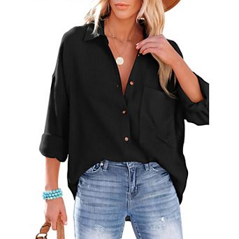 Women's Button Down Shirt - Long Sleeve Collared Blouse with Chest Pocket
