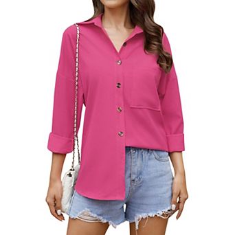 Women's Button Down Shirt - Long Sleeve Collared Blouse with Chest Pocket