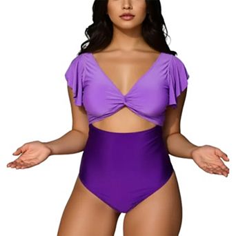 Women's Ruffle Sleeve One Piece Swimsuit - Twist Front Cutout Swimwear