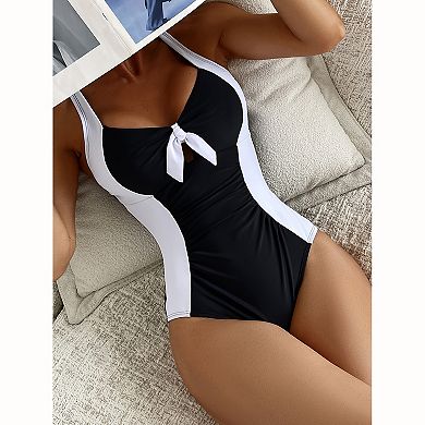 Women's Colorblock One Piece Swimsuit - Bow Front Ruched Swimwear with Adjustable Straps