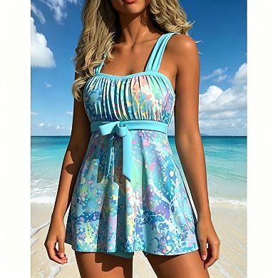 Women's Tie-Dye Swim Dress Tankini Set - Wide Strap with Belt and Boyshort Bottom