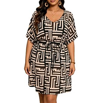 Women's Geometric Print Cover Up Dress - V Neck Dolman Sleeve Drawstring Waist