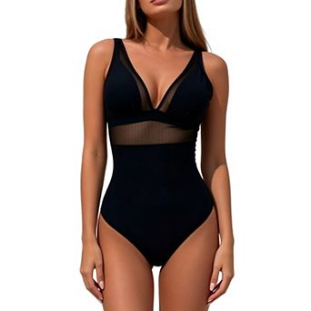 Women's Mesh Panel One Piece Swimsuit - Deep V Neck with Adjustable Straps