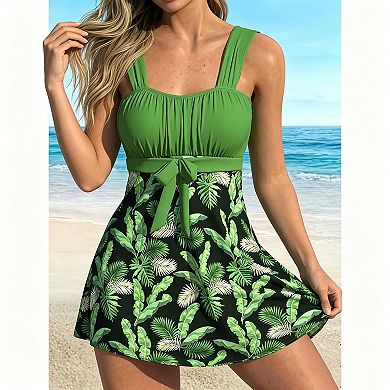 Women's Tropical Print Swim Dress Tankini Set with Boyshort Bottom