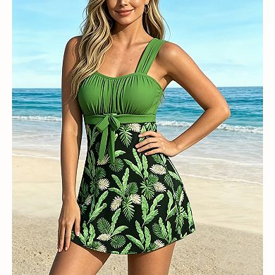 Women's Tropical Print Swim Dress Tankini Set with Boyshort Bottom