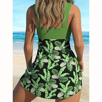 Women's Tropical Print Swim Dress Tankini Set with Boyshort Bottom