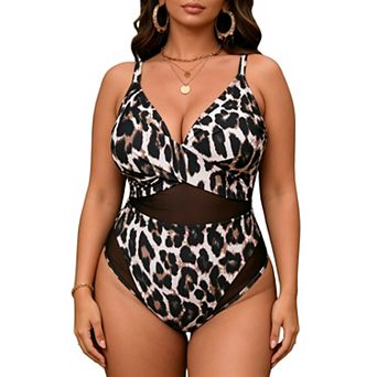 Women's Leopard Print One Piece Swimsuit - Wrap V Neck Mesh Cutout with Adjustable Straps