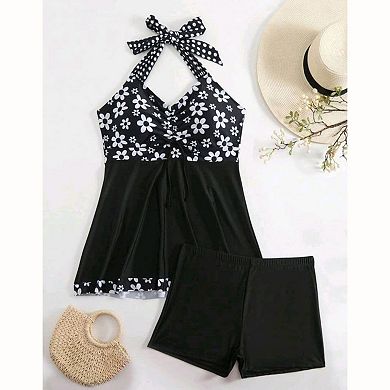 Women's Floral Print Halter Swim Dress Tankini Set with Boyshort Bottom