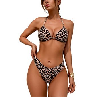 Women's Leopard Print 2 pc Bikini Set - Beaded Halter Tie Back Swimwear