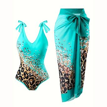 Women's Leopard Sequin 2 pc Swimsuit - V‑Neck Tie‑Strap One‑Piece & Wrap Skirt