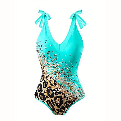 Women's Leopard Sequin 2‑Piece Swimsuit - V‑Neck Tie‑Strap One‑Piece & Wrap Skirt