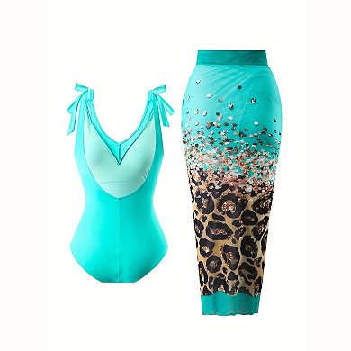 Women's Leopard Sequin 2‑Piece Swimsuit - V‑Neck Tie‑Strap One‑Piece & Wrap Skirt