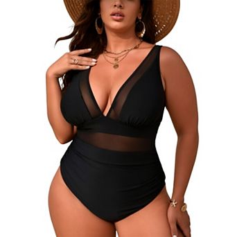 Women's Mesh Panel One Piece Swimsuit - Deep V Neck Tummy Control Adjustable Strap Swimwear