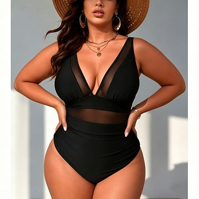 Women's Mesh Panel One Piece Swimsuit - Deep V Neck Tummy Control Adjustable Strap Swimwear