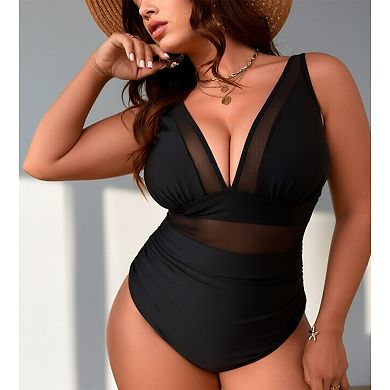 Women's Mesh Panel One Piece Swimsuit - Deep V Neck Tummy Control Adjustable Strap Swimwear