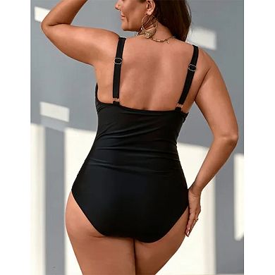 Women's Mesh Panel One Piece Swimsuit - Deep V Neck Tummy Control Adjustable Strap Swimwear