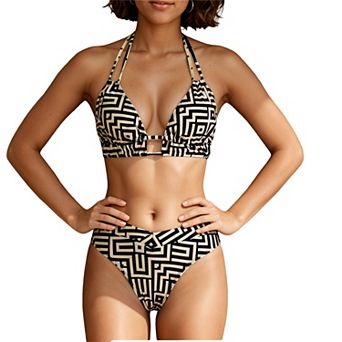 Women's Geometric Print 2 pc Bikini Set - Halter Wrap Tie Back High Cut Swimwear
