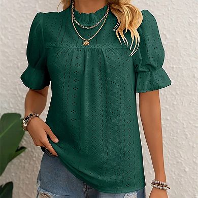 Women's Elegant Ruffle Detail Blouse Short Sleeve Round Neck Top