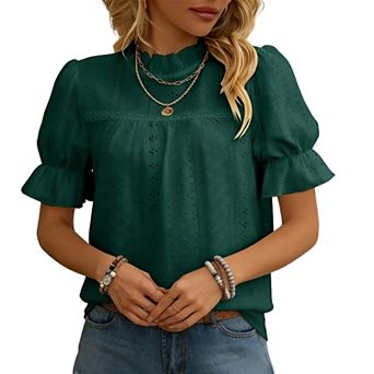 Women's Elegant Ruffle Detail Blouse Short Sleeve Round Neck Top