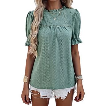 Women's Elegant Ruffle Detail Blouse Short Sleeve Round Neck Top