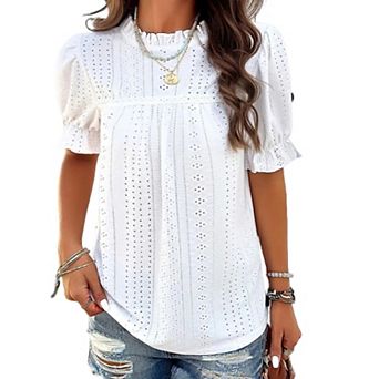 Women's Elegant Ruffle Detail Blouse Short Sleeve Round Neck Top