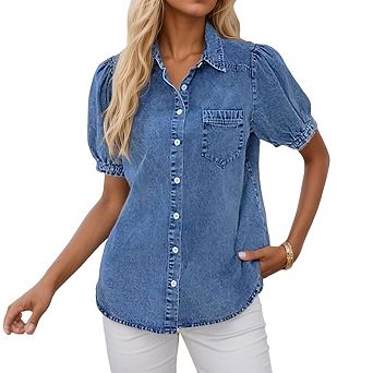 Women's Gathered Sleeve Denim Shirt - Button Down Casual Blouse with Pocket