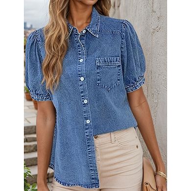 Women's Gathered Sleeve Denim Shirt - Button Down Casual Blouse with Pocket