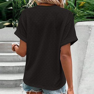 Women's Casual V-Neck Blouse Short Sleeve Loose Fit Button Front Solid Color Top