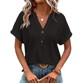 Women's Casual V-Neck Blouse Short Sleeve Loose Fit Button Front Solid Color Top