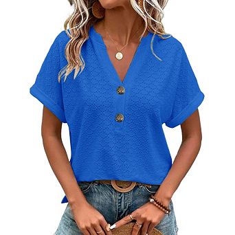 Women's Casual V-Neck Blouse Short Sleeve Loose Fit Button Front Solid Color Top