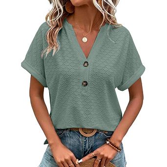 Women's Casual V-Neck Blouse Short Sleeve Loose Fit Button Front Solid Color Top