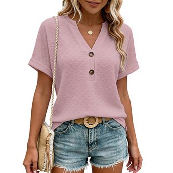 Women's Casual V-Neck Blouse Short Sleeve Loose Fit Button Front Solid Color Top