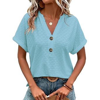 Women's Casual V-Neck Blouse Short Sleeve Loose Fit Button Front Solid Color Top