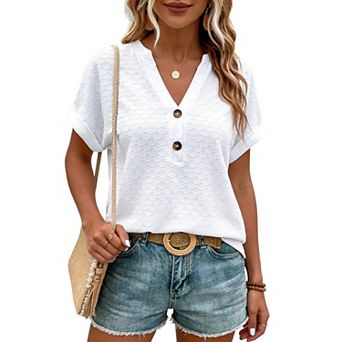Women's Casual V-Neck Blouse Short Sleeve Loose Fit Button Front Solid Color Top
