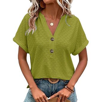 Women's Casual V-Neck Blouse Short Sleeve Loose Fit Button Front Solid Color Top