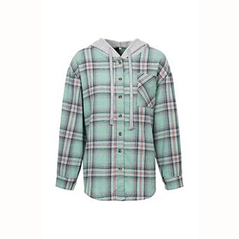 Women's Plaid Hooded Shirt Jacket - Casual Long Sleeve Button Down Hoodie Top with Pocket