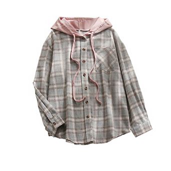 Women's Plaid Hooded Shirt Jacket - Casual Long Sleeve Button Down Hoodie Top with Pocket