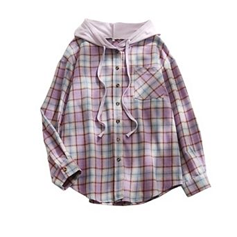 Women's Plaid Hooded Shirt Jacket - Casual Long Sleeve Button Down Hoodie Top with Pocket