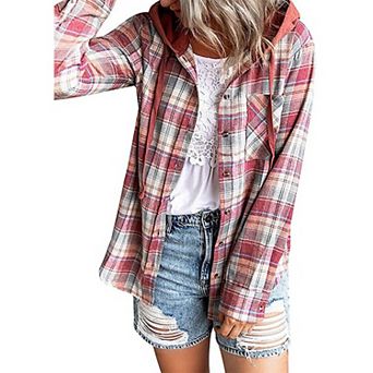 Women's Plaid Hooded Shirt Jacket - Casual Long Sleeve Button Down Hoodie Top with Pocket