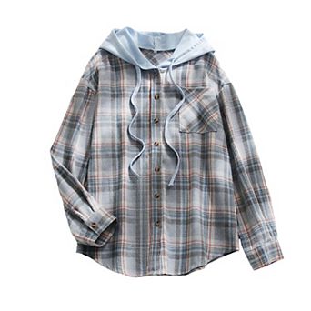 Women's Plaid Hooded Shirt Jacket - Casual Long Sleeve Button Down Hoodie Top with Pocket