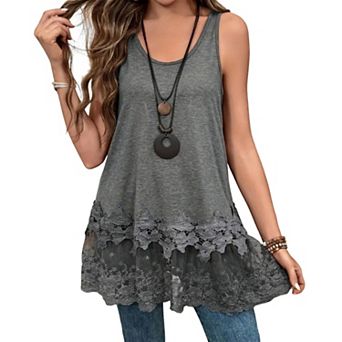 Women's Sleeveless Lace Hem Tank Top, Casual Loose Flowy Tunic Blouse for Summer, Boho Chic T-Shirt