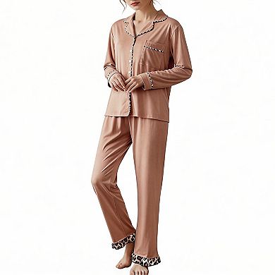 Women's Long Sleeve Pajama Set Button Down 2 Piece Loungewear with Leopard Trim