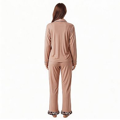 Women's Long Sleeve Pajama Set Button Down 2 Piece Loungewear with Leopard Trim